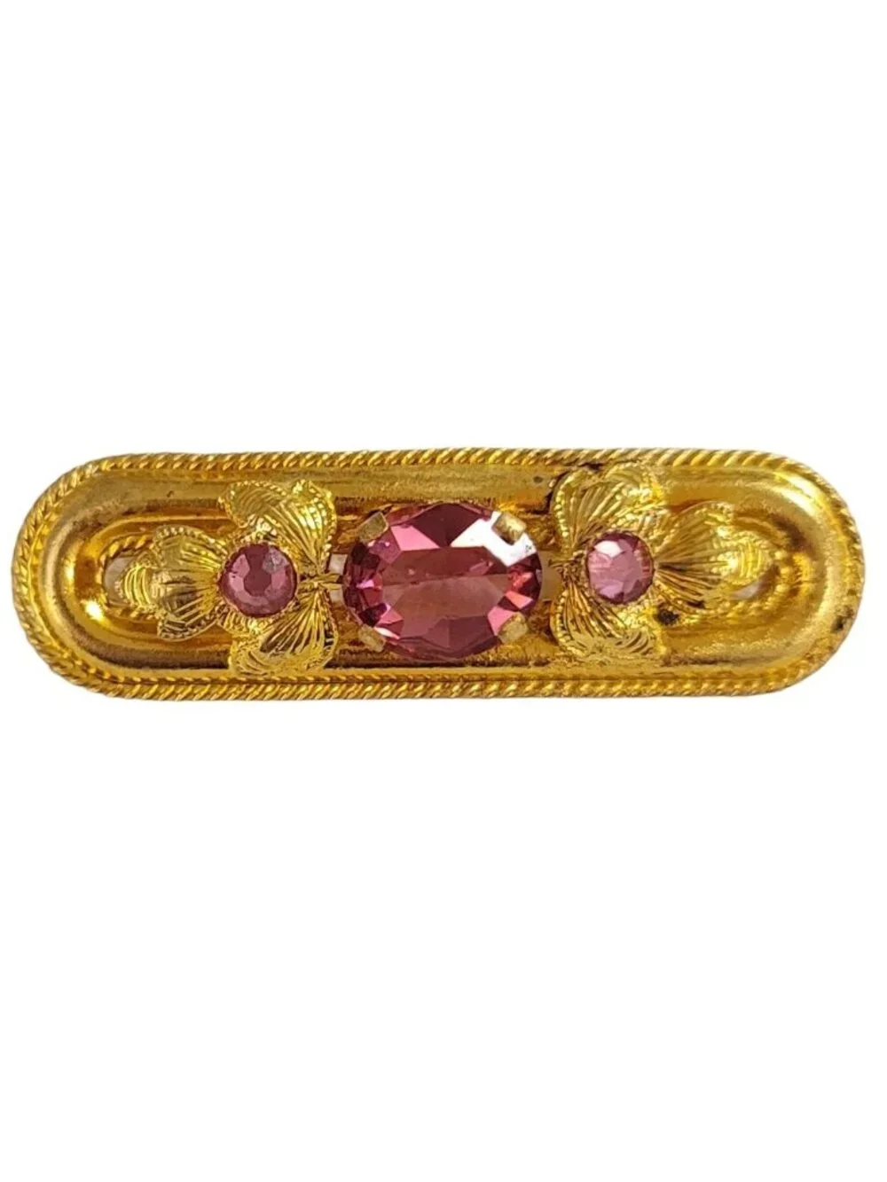 Czech Gold Tone Pink Rhinestone Leaf Bar Pin K969